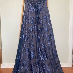 Rene Ruiz Collection off the shoulder Blue Floral sequined Gown